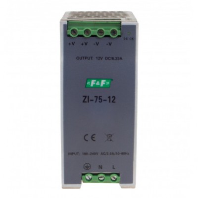 Stabilizuotas maitinimo šaltinis ZI-75-12, Uin= 90÷264V AC/120÷370V DC, P=75W, U= 12V DC - Ratechna.eu